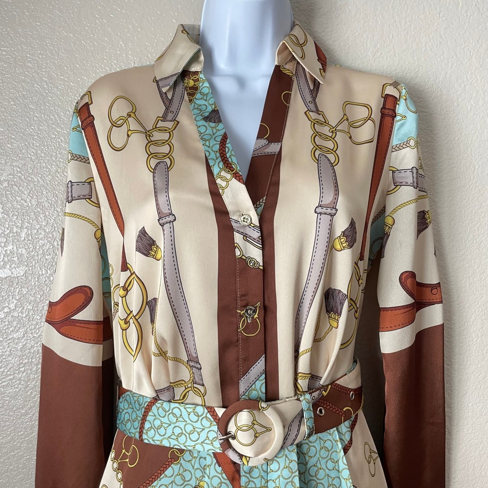 Marciano by Guess Dress US 2 Brown Teal Equestrian Scarf Print Belted Western - Picture 4 of 12